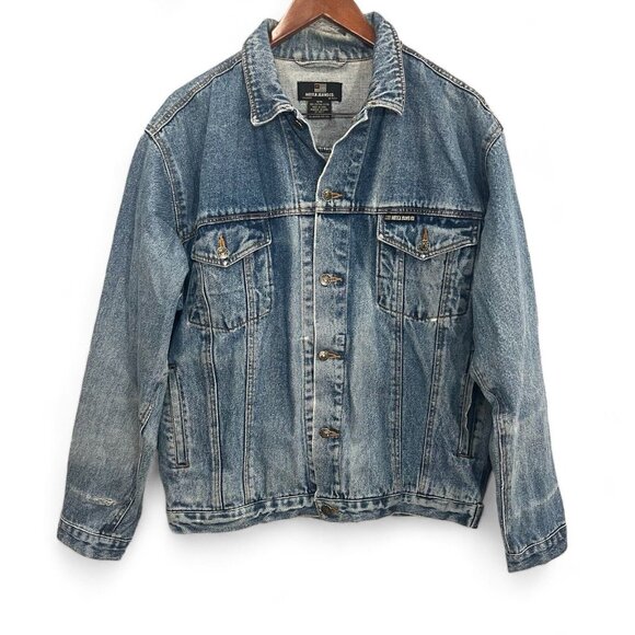 Mecca Jeans Co Denim Jacket Womens Medium Blue Button Up Distressed Faded - Picture 1 of 14